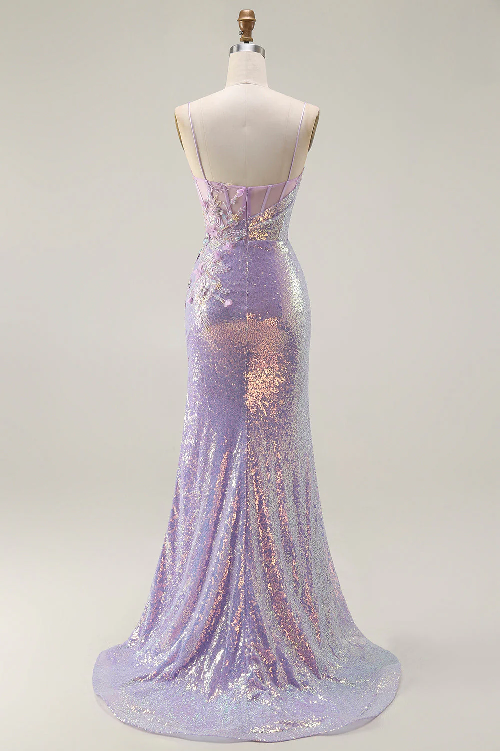 Sparkly Lilac Mermaid Corset Sequins Floral Appliqued Long Prom Dress with Slit - Image 2