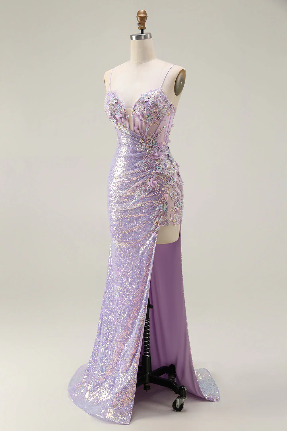 Sparkly Lilac Mermaid Corset Sequins Floral Appliqued Long Prom Dress with Slit - Image 3