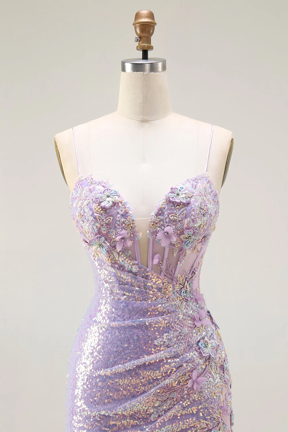 Sparkly Lilac Mermaid Corset Sequins Floral Appliqued Long Prom Dress with Slit - Image 4