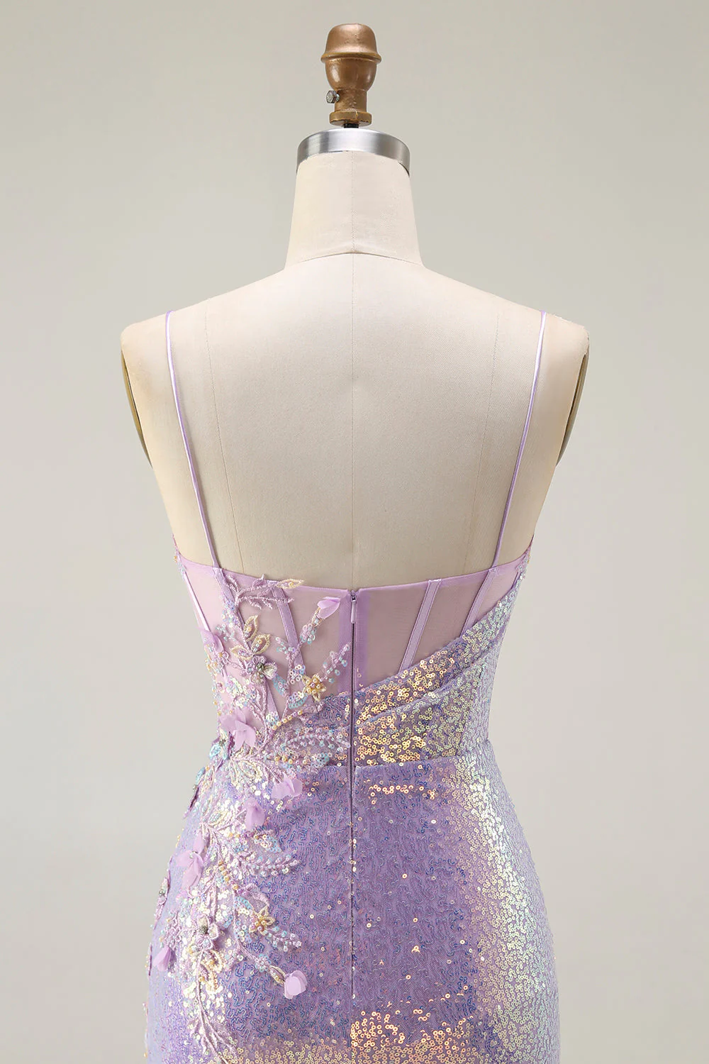 Sparkly Lilac Mermaid Corset Sequins Floral Appliqued Long Prom Dress with Slit - Image 5
