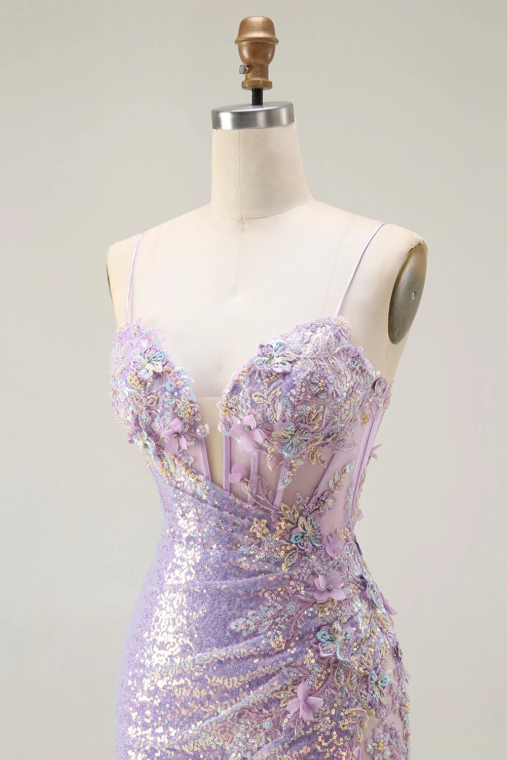 Sparkly Lilac Mermaid Corset Sequins Floral Appliqued Long Prom Dress with Slit - Image 6