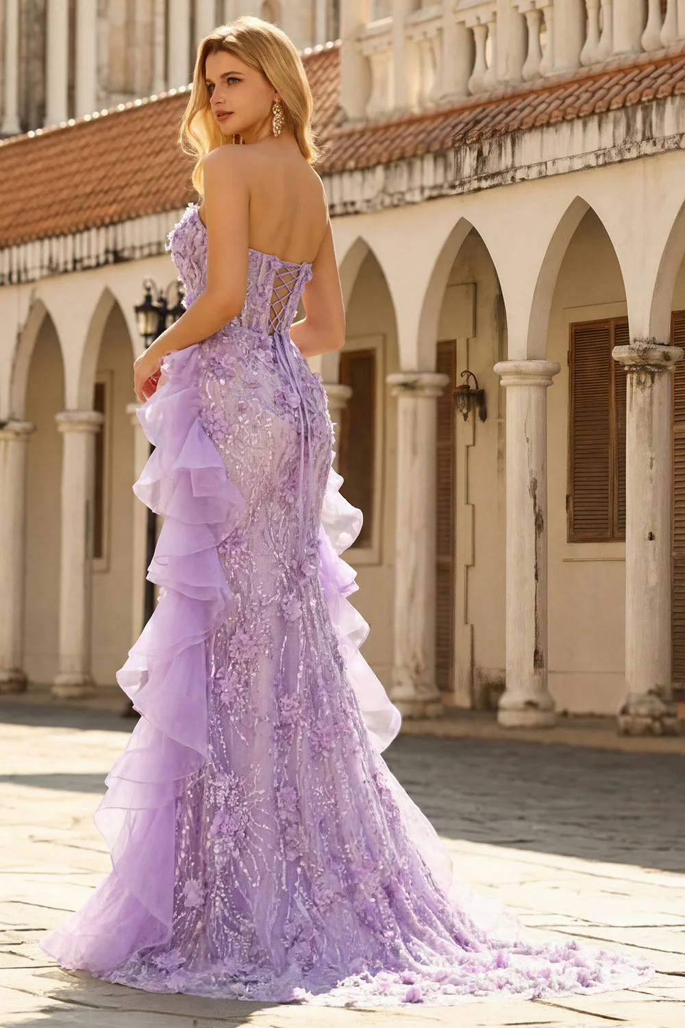 Sparkly Lilac Sweetheart Ruffled Sheath Side Slit Long Prom Dress with 3D Flowers - Image 4