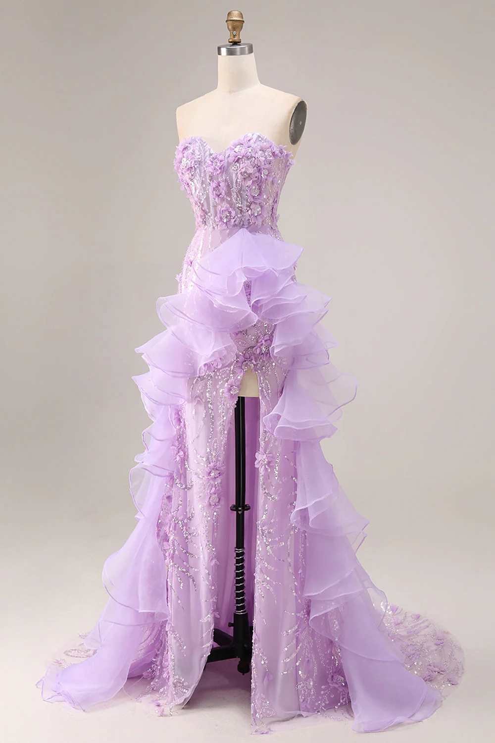 Sparkly Lilac Sweetheart Ruffled Sheath Side Slit Long Prom Dress with 3D Flowers - Image 5