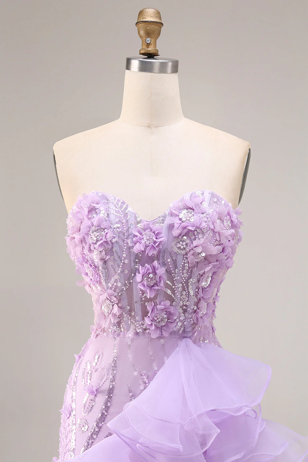 Sparkly Lilac Sweetheart Ruffled Sheath Side Slit Long Prom Dress with 3D Flowers - Image 6