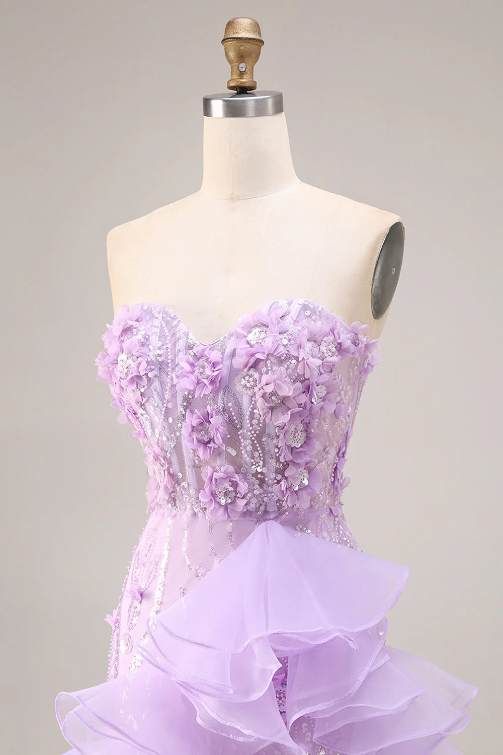 Sparkly Lilac Sweetheart Ruffled Sheath Side Slit Long Prom Dress with 3D Flowers - Image 8