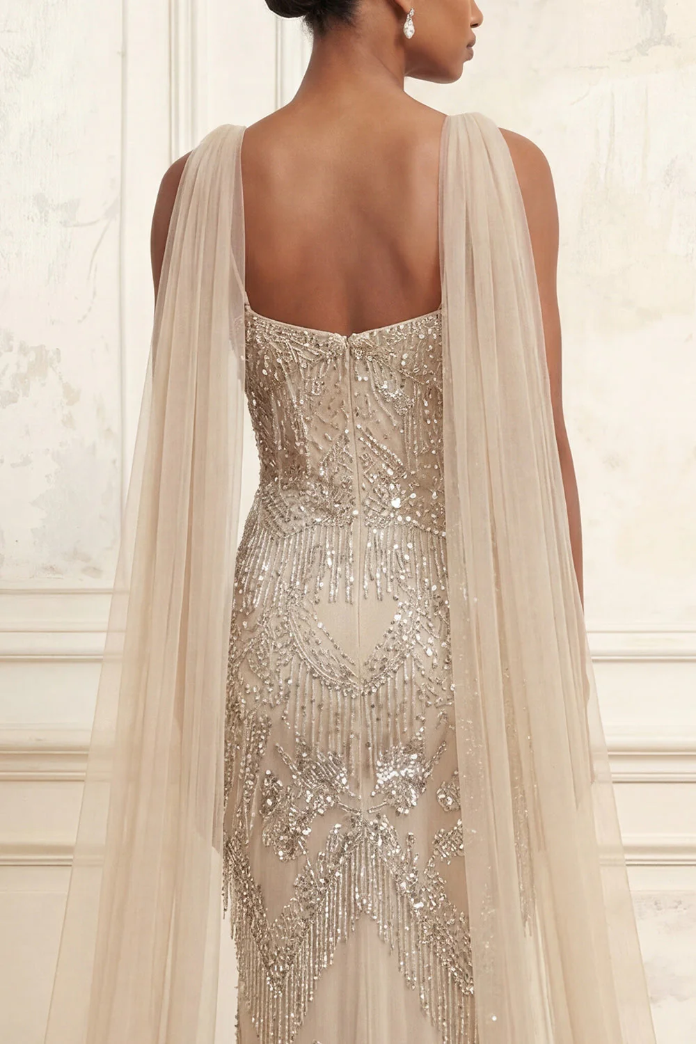 Sparkly Mermaid Apricot Beaded Long Prom Dress with Streamer - Image 4