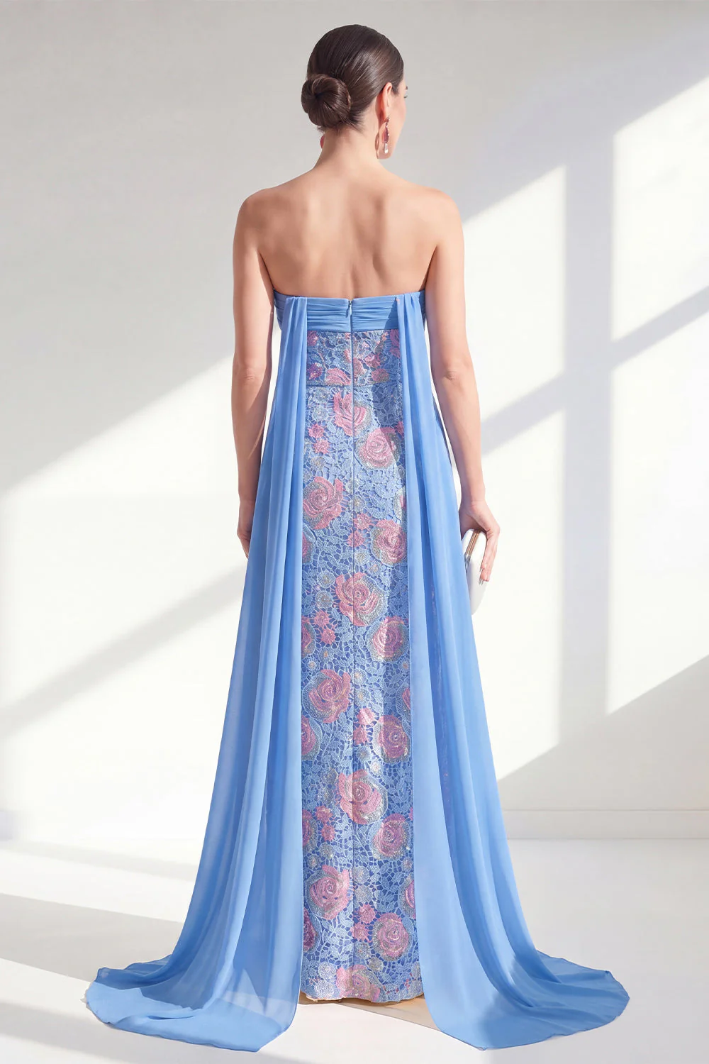 Strapless Blue Sheath Floral Long Mother Of the Bride Dress with Cape - Image 2