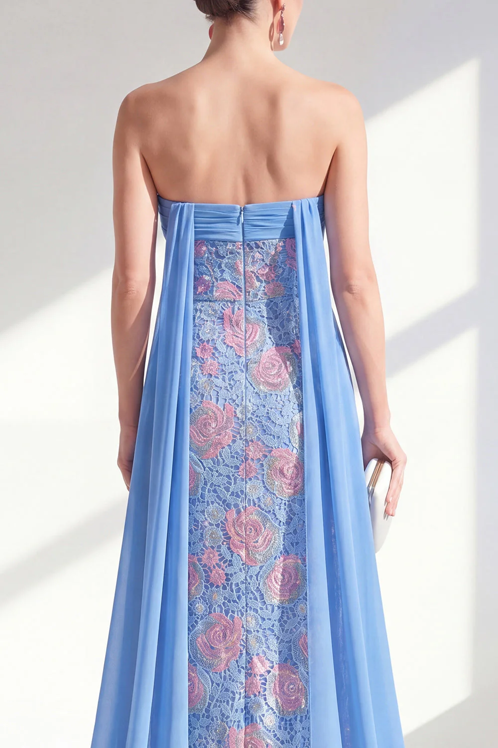 Strapless Blue Sheath Floral Long Mother Of the Bride Dress with Cape - Image 4