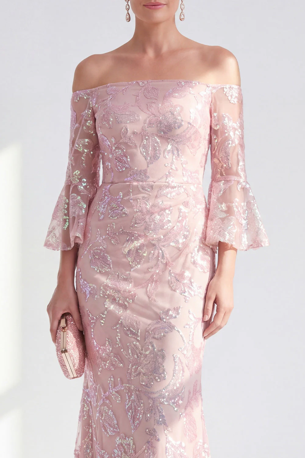 Blush Off the Shoulder Mermaid Long Mother Of the Bride Dress with Sequins - Image 3