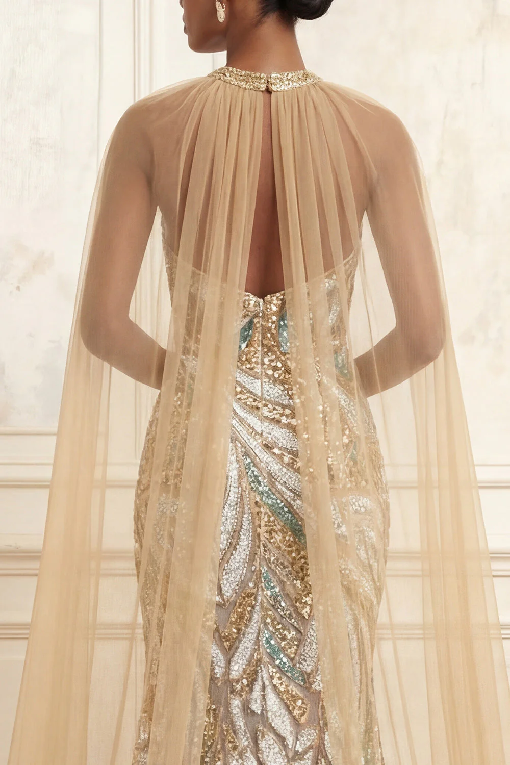 Sparkly Mermaid Champagne Halter Neck Sequins Long Prom Dress with Cape - Image 4