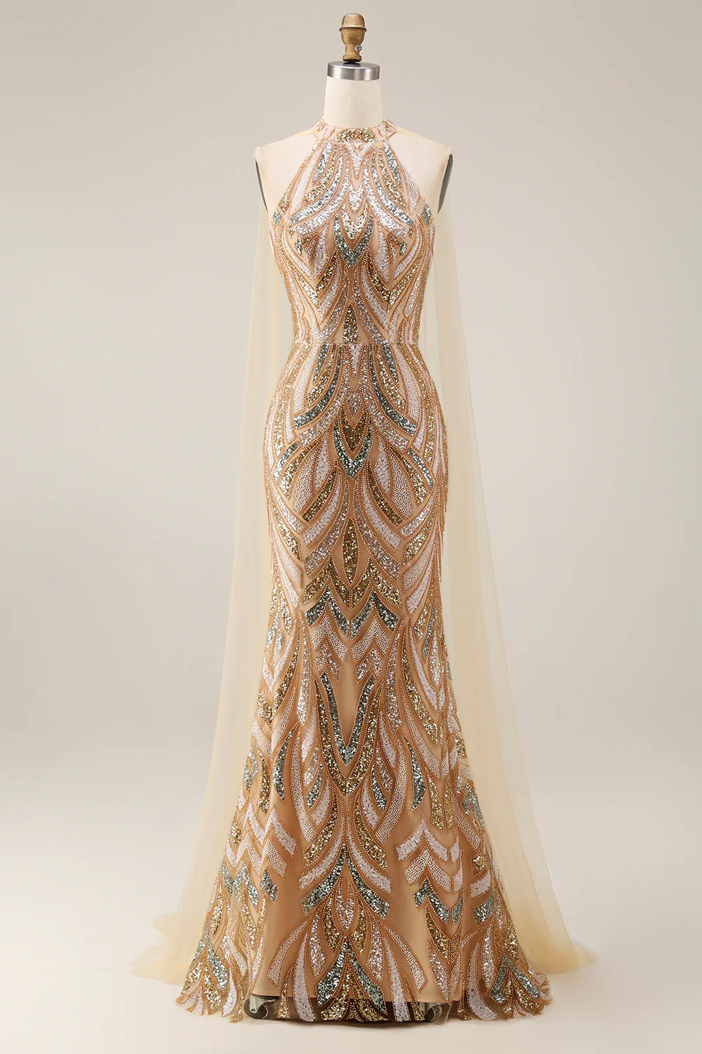 Sparkly Mermaid Champagne Halter Neck Sequins Long Prom Dress with Cape - Image 5