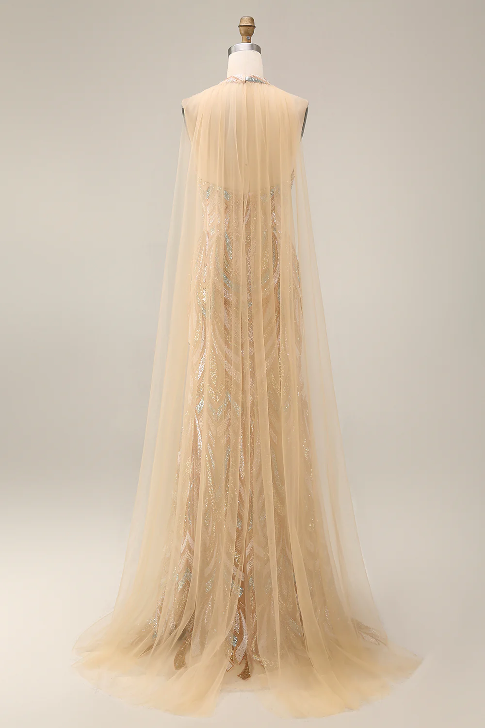 Sparkly Mermaid Champagne Halter Neck Sequins Long Prom Dress with Cape - Image 6