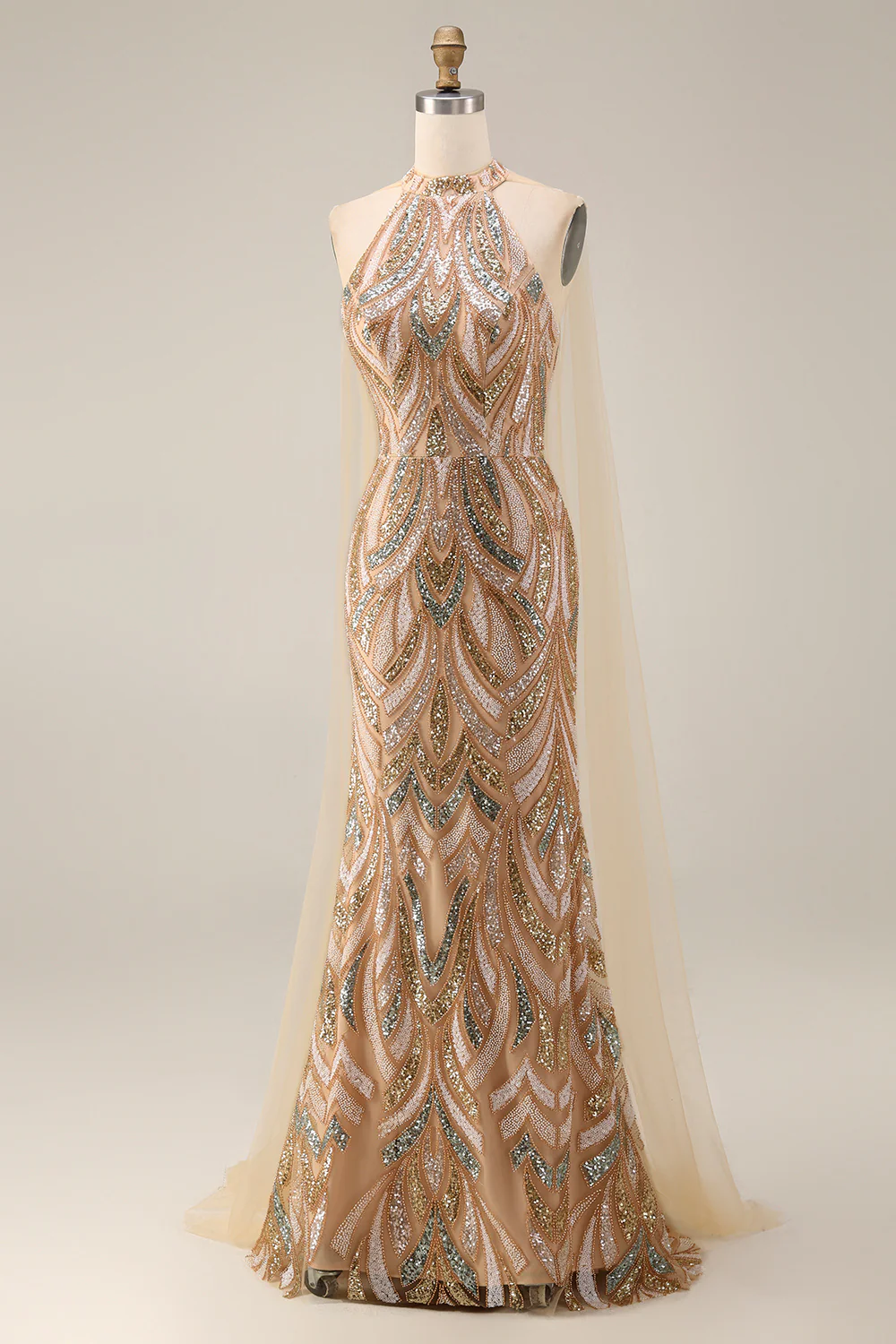 Sparkly Mermaid Champagne Halter Neck Sequins Long Prom Dress with Cape - Image 7