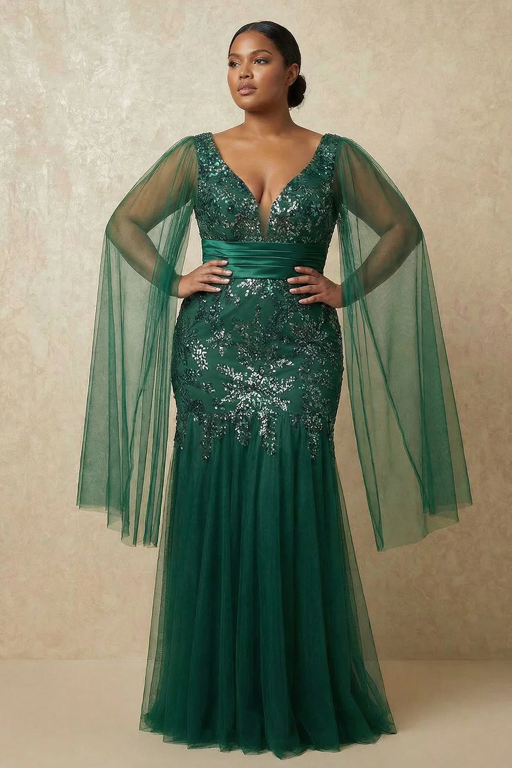 Sparkly Mermaid Dark Green Sequins Mother of the Bride Dress with Cape Sleeves - Image 2