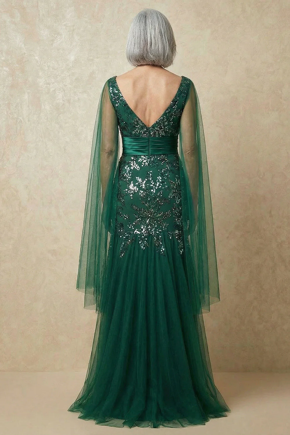 Sparkly Mermaid Dark Green Sequins Mother of the Bride Dress with Cape Sleeves - Image 3