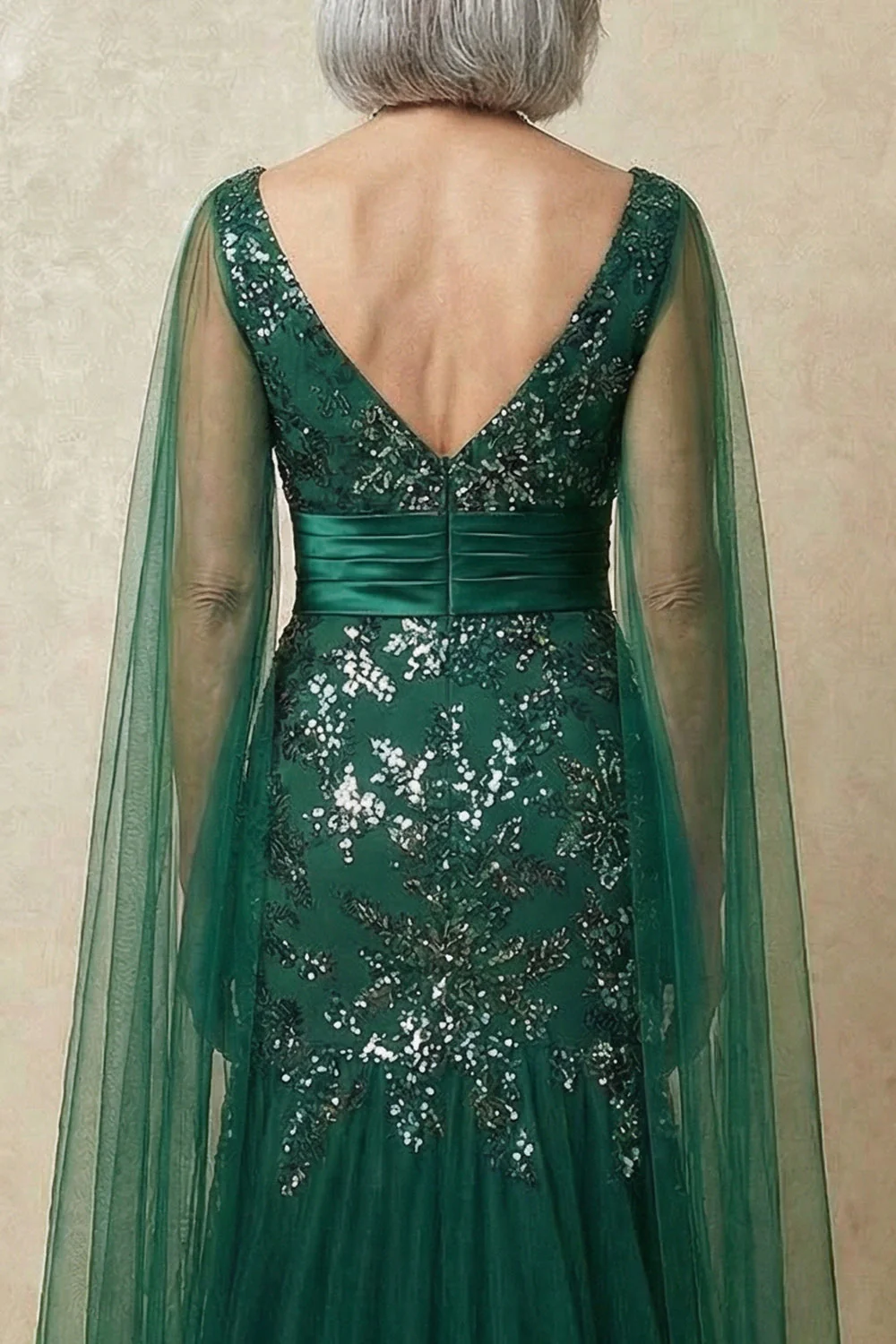 Sparkly Mermaid Dark Green Sequins Mother of the Bride Dress with Cape Sleeves - Image 5