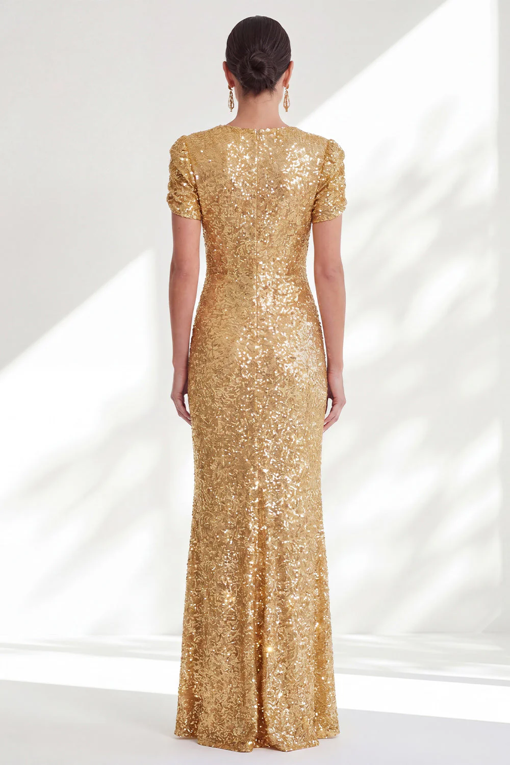 Sparkly Golden Mermaid Short Sleeves Sequin Long Mother Of the Bride Dress - Image 2