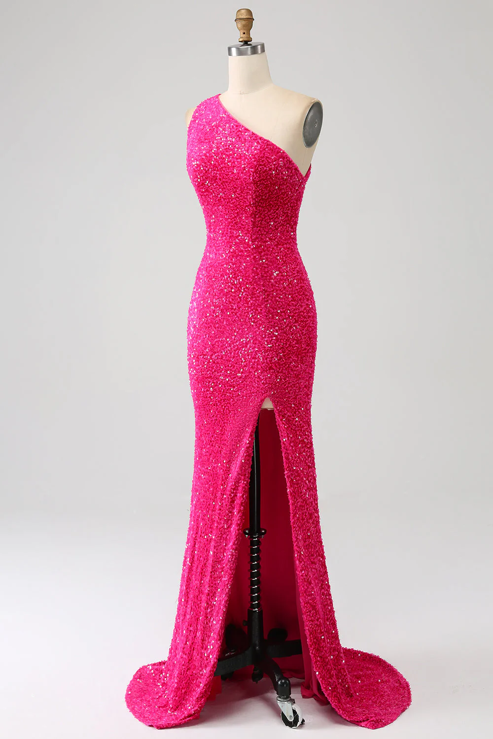 Sparkly Mermaid One Shoulder Fuchsia Sequins Long Prom Dress with Slit - Image 3