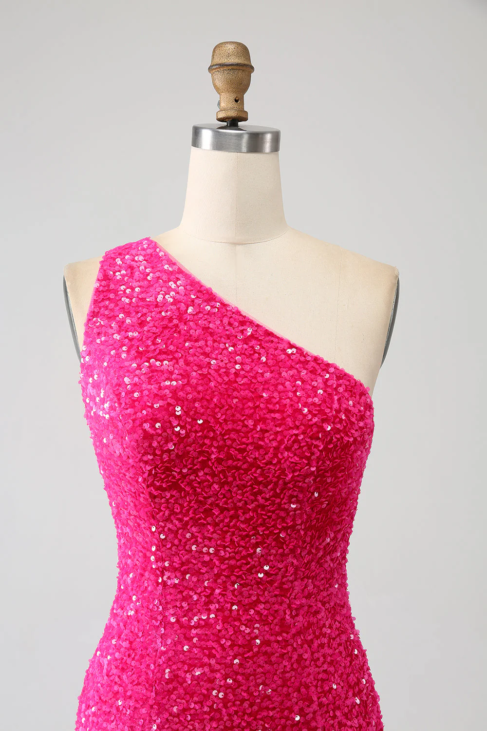 Sparkly Mermaid One Shoulder Fuchsia Sequins Long Prom Dress with Slit - Image 4