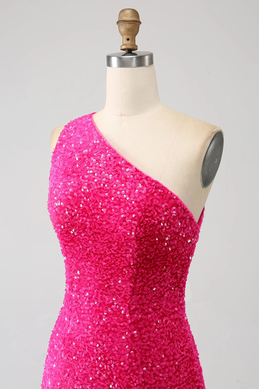 Sparkly Mermaid One Shoulder Fuchsia Sequins Long Prom Dress with Slit - Image 6