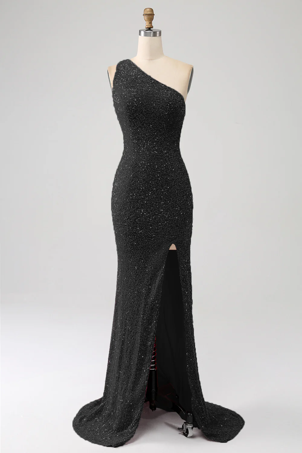 Sparkly Mermaid One Shoulder Fuchsia Sequins Long Prom Dress with Slit - Image 7