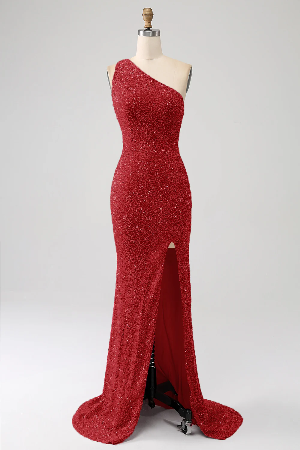 Sparkly Mermaid One Shoulder Fuchsia Sequins Long Prom Dress with Slit - Image 9