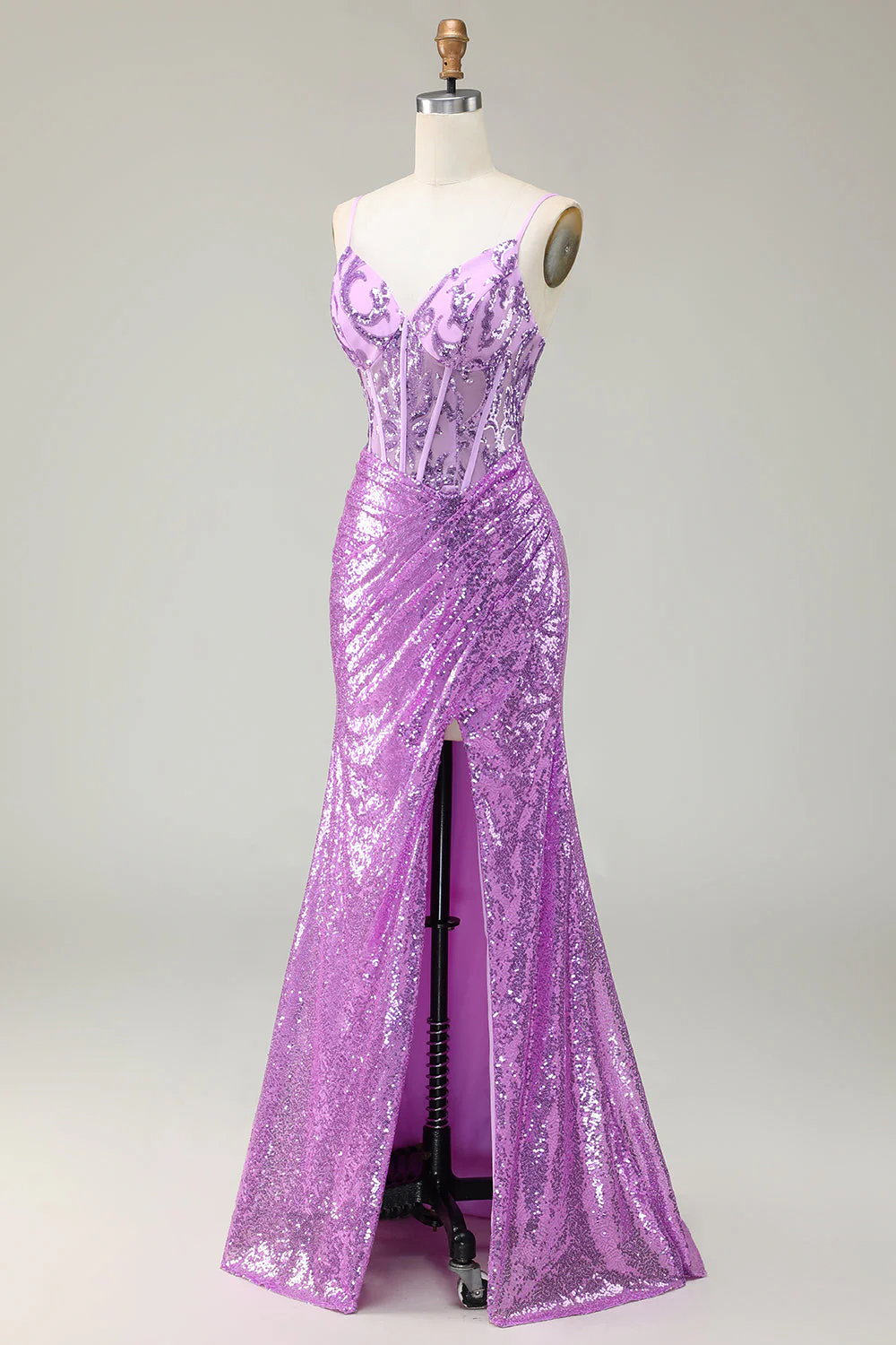 Sparkly Mermaid Purple Corset Appliqued Prom Dress With Slit - Image 3