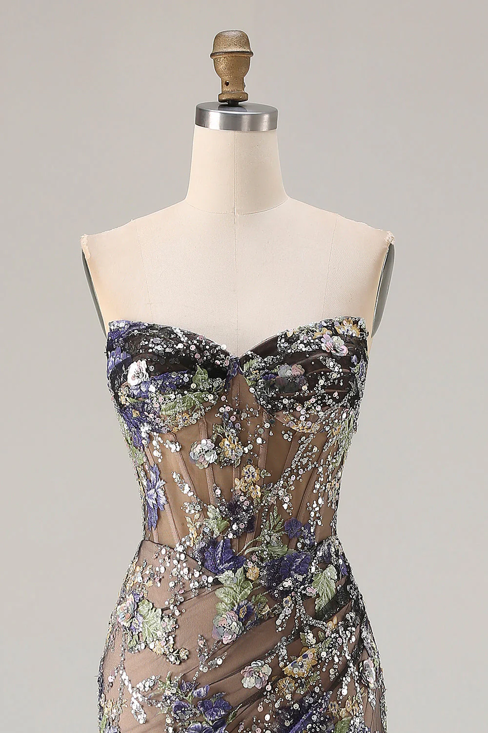 Sparkly Mermaid Strapless Corset Appliqued Sequin Pink Long Prom Dress with Slit - Image 10