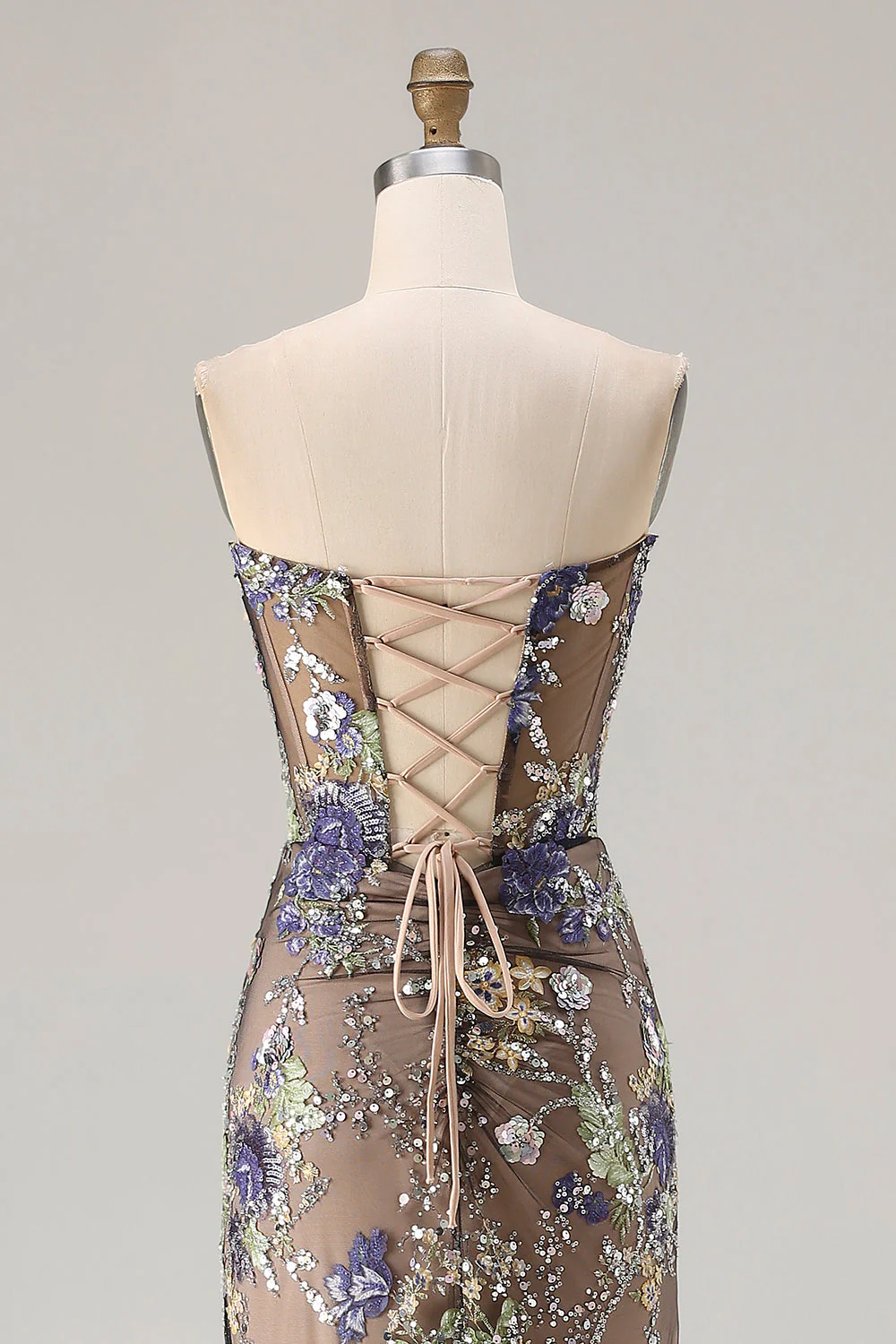 Sparkly Mermaid Strapless Corset Appliqued Sequin Pink Long Prom Dress with Slit - Image 11