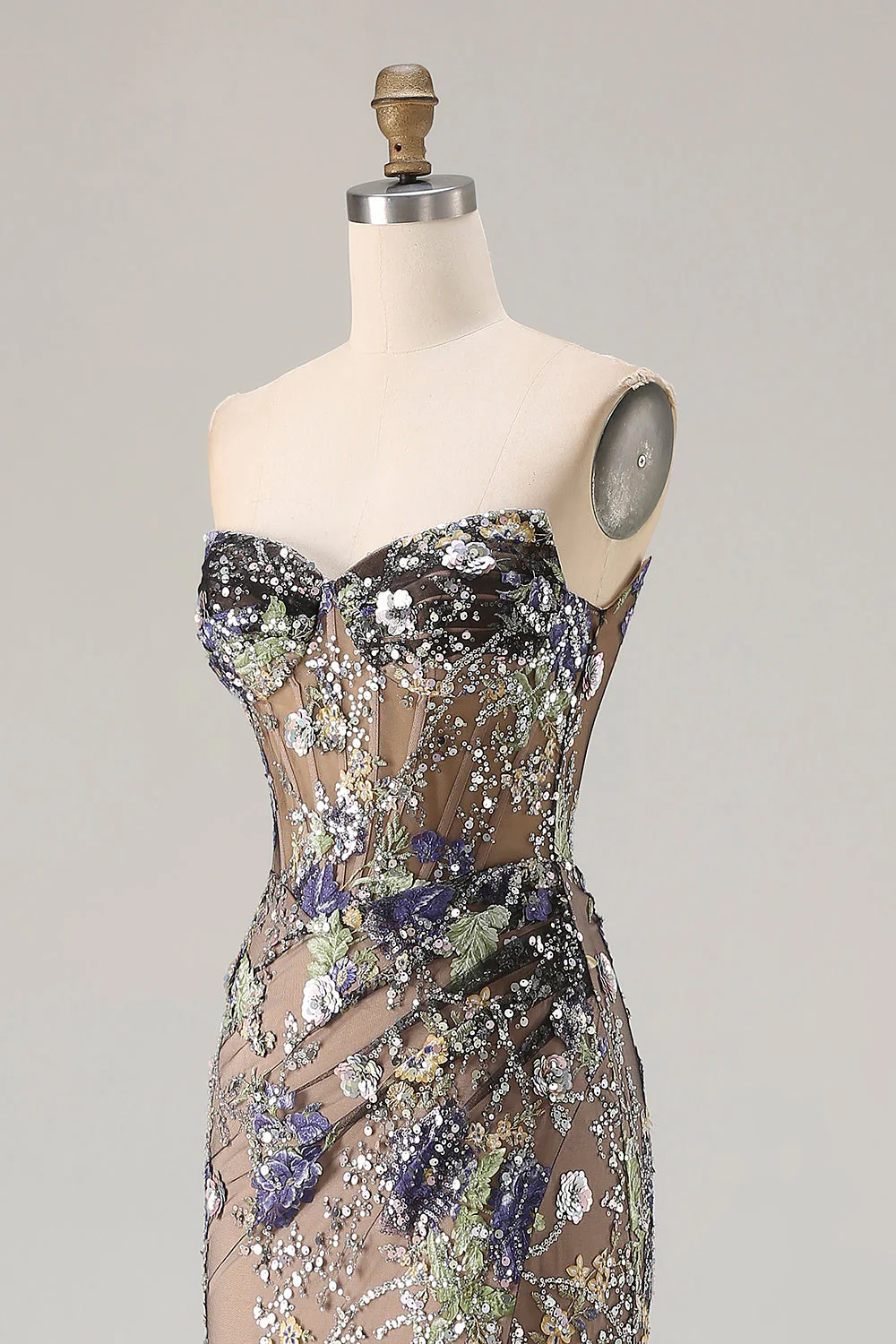 Sparkly Mermaid Strapless Corset Appliqued Sequin Pink Long Prom Dress with Slit - Image 12
