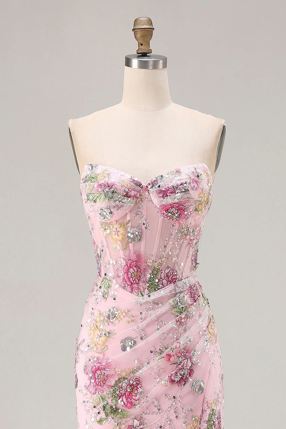 Sparkly Mermaid Strapless Corset Appliqued Sequin Pink Long Prom Dress with Slit - Image 4