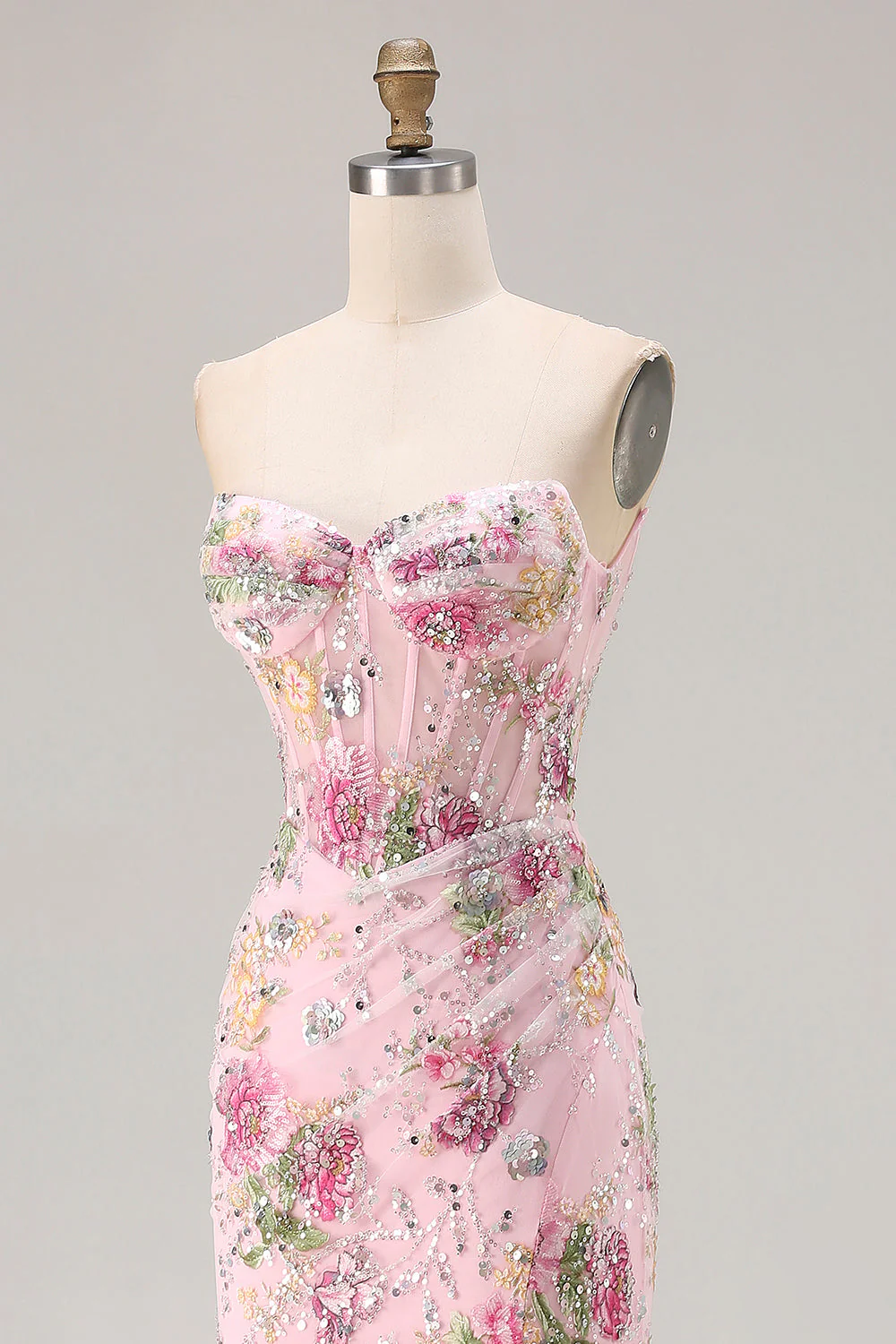 Sparkly Mermaid Strapless Corset Appliqued Sequin Pink Long Prom Dress with Slit - Image 6