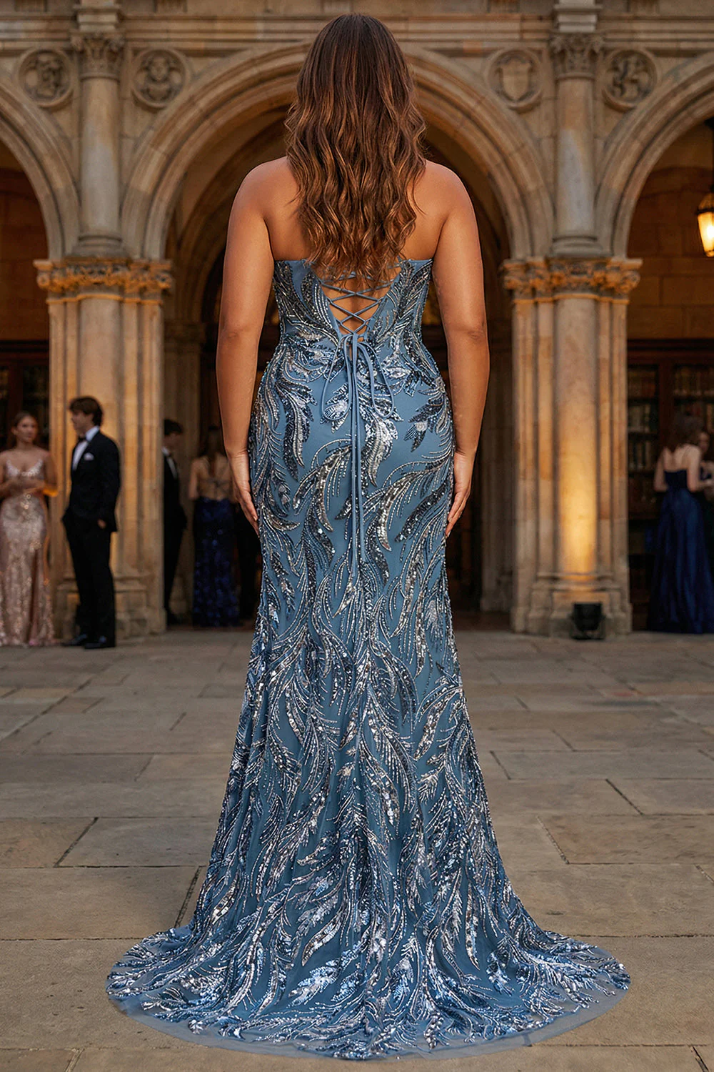 Sparkly Mermaid Twilight Sequins Lace Up Back Long Plus Size Prom Dress with Slit - Image 2
