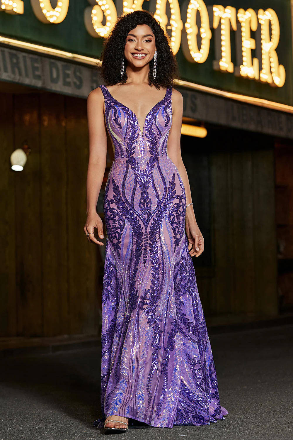 Sparkly Mermaid V Neck Dark Purple Sequins Long Prom Dress with Open Back - Image 5