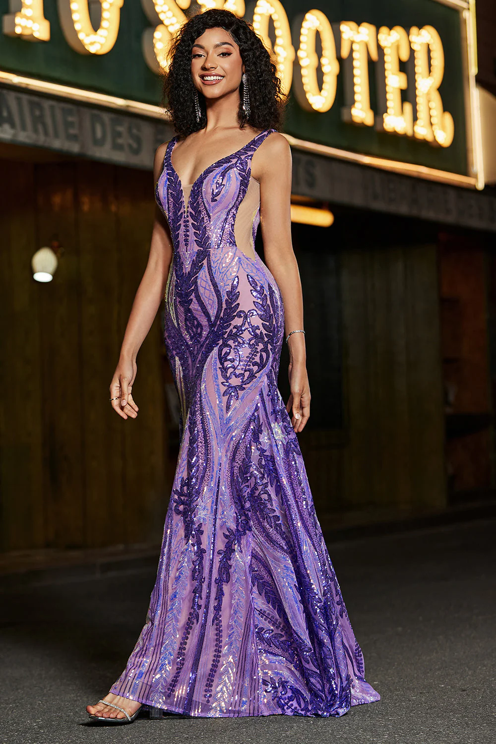 Sparkly Mermaid V Neck Dark Purple Sequins Long Prom Dress with Open Back - Image 8