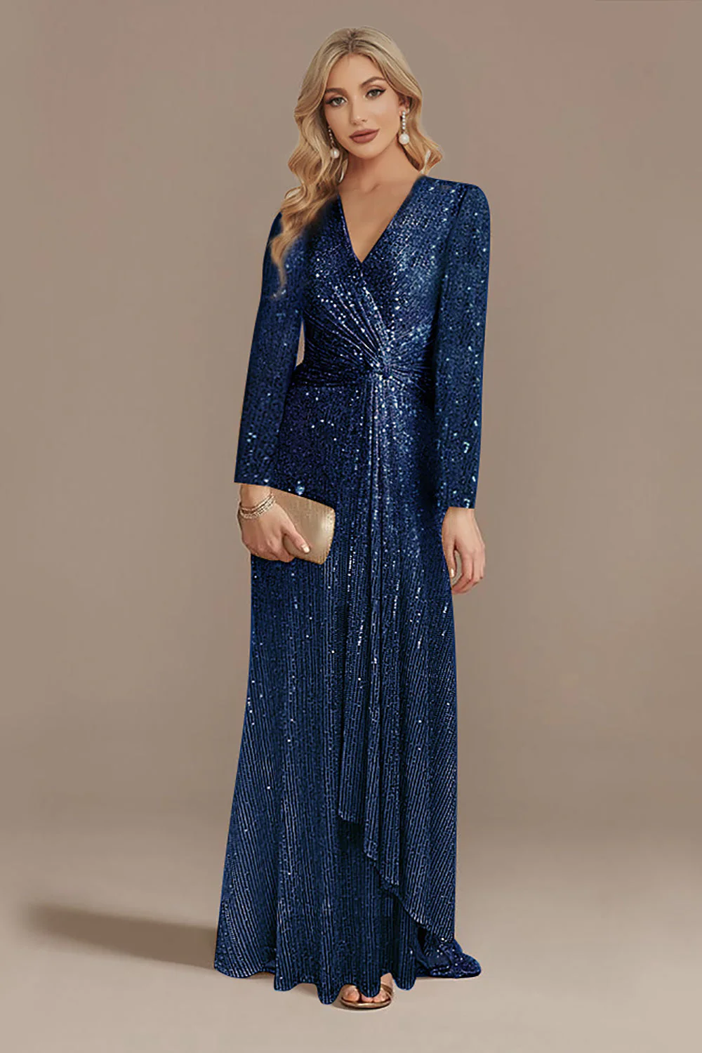 Sparkly Navy A-Line V-Neck Choir Dress with Sequins - Image 3