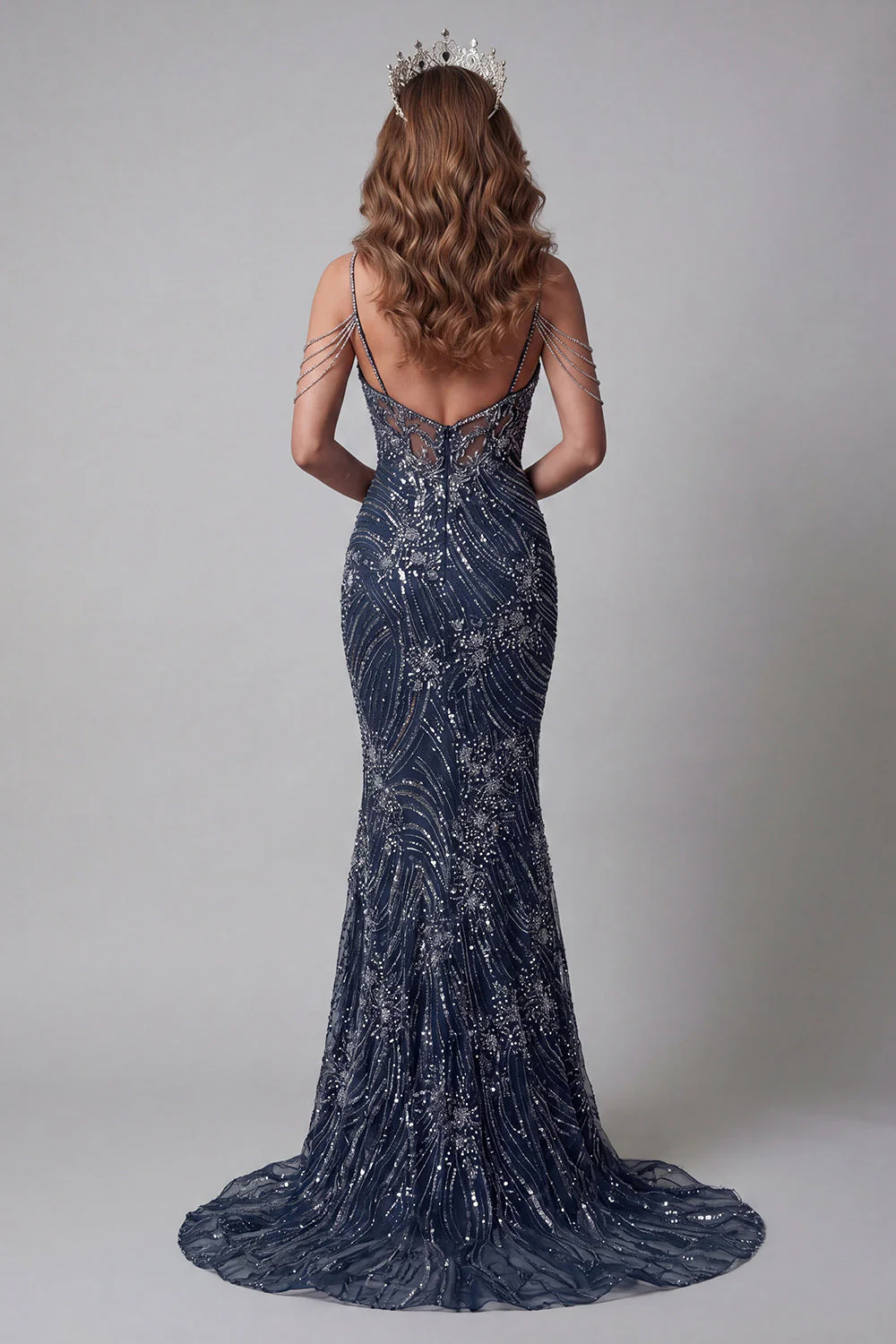 Sparkly Navy Mermaid Cold Shoulder Long Evening Dress with Beading - Image 2