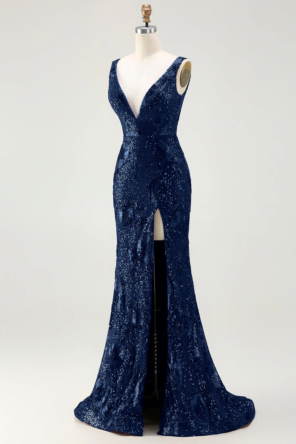 Sparkly Navy Mermaid Sequin V Neck Open Back Long Prom Dress with Slit - Image 5