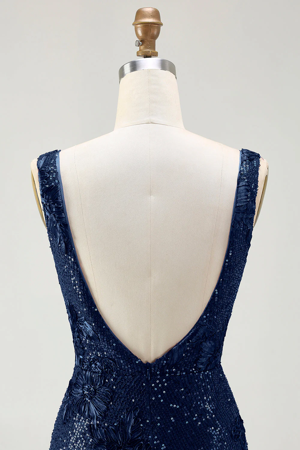 Sparkly Navy Mermaid Sequin V Neck Open Back Long Prom Dress with Slit - Image 7