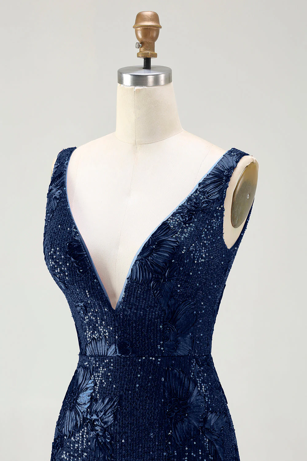 Sparkly Navy Mermaid Sequin V Neck Open Back Long Prom Dress with Slit - Image 8