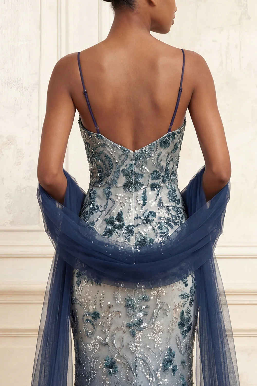 Sparkly Navy Mermaid Sequin Long Prom Dress with Streamer - Image 4