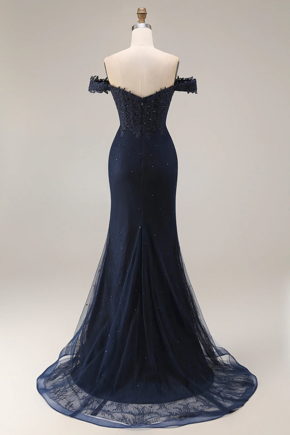 Off the Shoulder Navy Mermaid Appliqued Long Prom Dress with Beading - Image 2