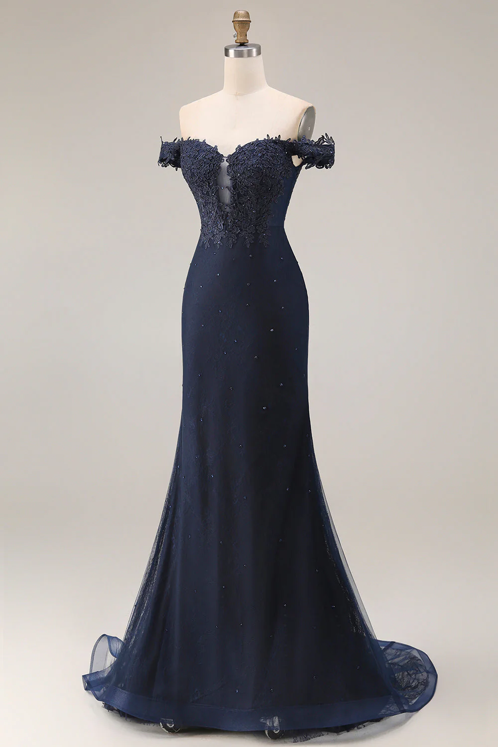 Off the Shoulder Navy Mermaid Appliqued Long Prom Dress with Beading - Image 3