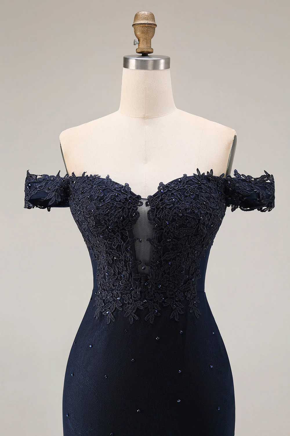 Off the Shoulder Navy Mermaid Appliqued Long Prom Dress with Beading - Image 4