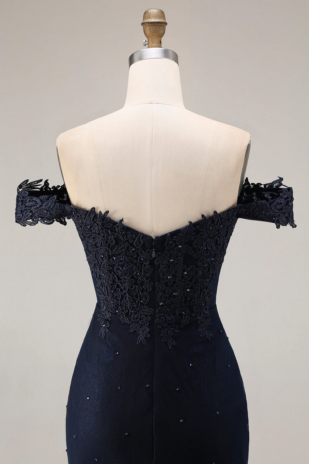 Off the Shoulder Navy Mermaid Appliqued Long Prom Dress with Beading - Image 5