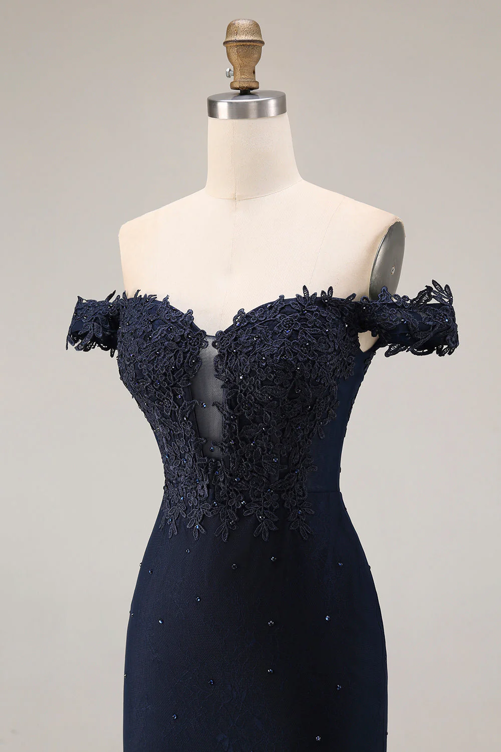 Off the Shoulder Navy Mermaid Appliqued Long Prom Dress with Beading - Image 6