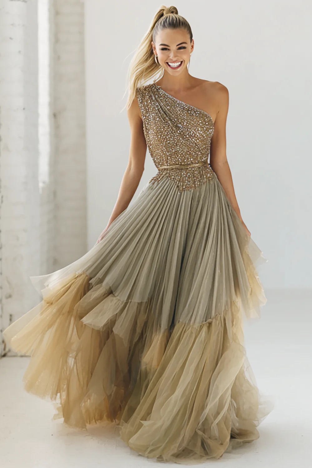 Sparkly Navy One Shoulder Sequins A Line Long Wedding Guest Dress with Ruffles - Image 3
