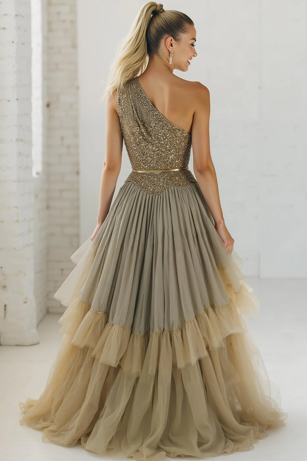 Sparkly Navy One Shoulder Sequins A Line Long Wedding Guest Dress with Ruffles - Image 4