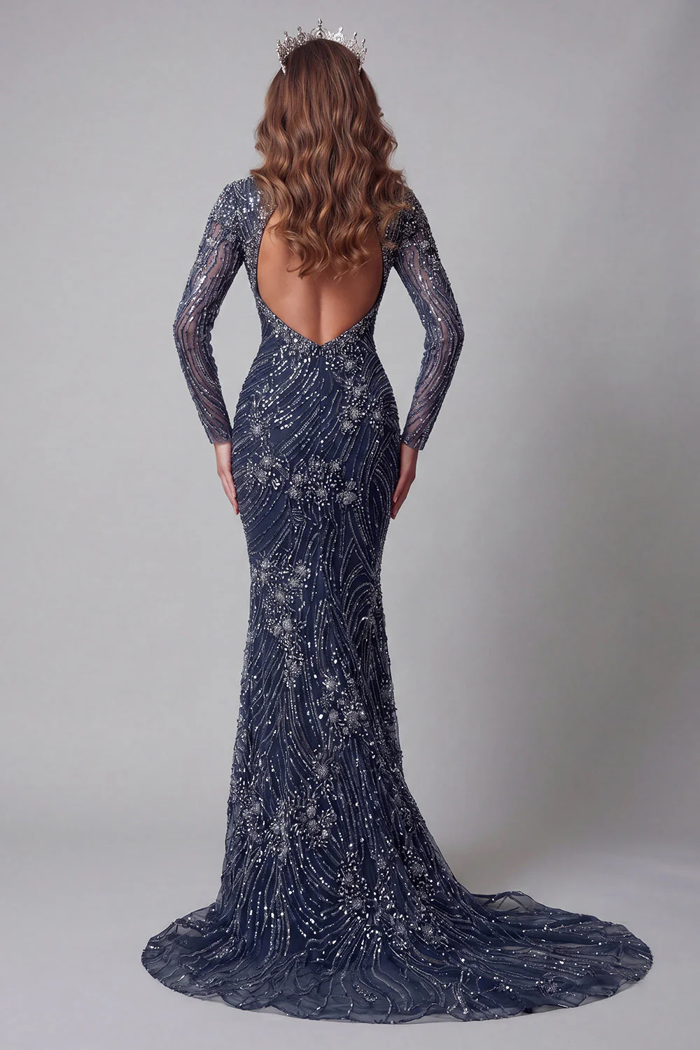 Sparkly Navy Mermaid Open Back Long Sleeves Evening Dress with Sequins - Image 2