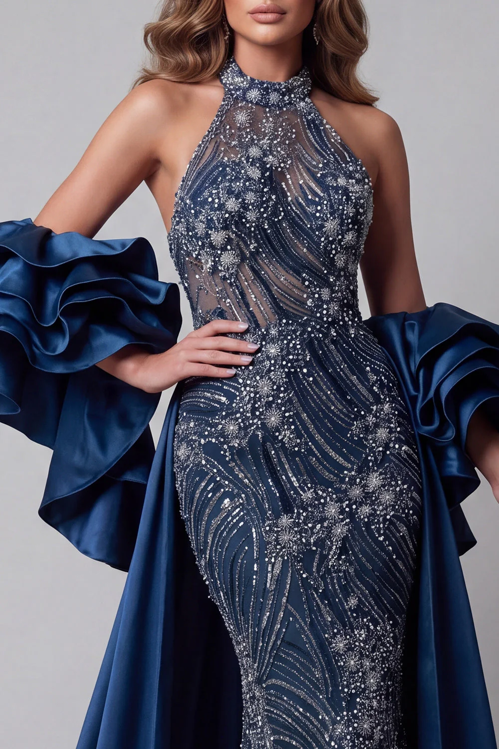 Sparkly Navy Halter Mermaid Long Evening Dress with Sequins - Image 3